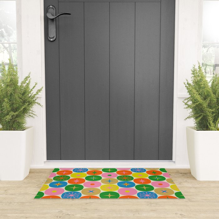 Mid Century Modern Atomic Future Colorful Dots and Stars Pattern Welcome Mat Gallery Image 3