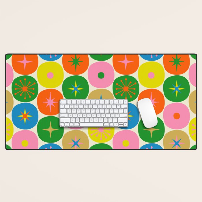Mid Century Modern Atomic Future Colorful Dots and Stars Pattern Desk Mat Gallery Image 1