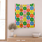 Mid Century Modern Atomic Future Colorful Dots and Stars Pattern Wall Tapestry Gallery Image 2