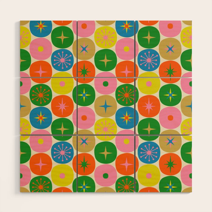 Mid Century Modern Atomic Future Colorful Dots and Stars Pattern Wood Wall Art Gallery Image 1