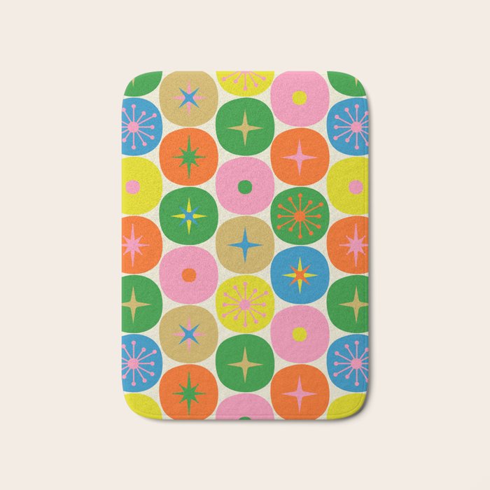 Mid Century Modern Atomic Future Colorful Dots and Stars Pattern Bath Mat Gallery Image 1