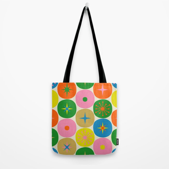 Mid Century Modern Atomic Future Colorful Dots and Stars Pattern Tote Bag Gallery Image 2
