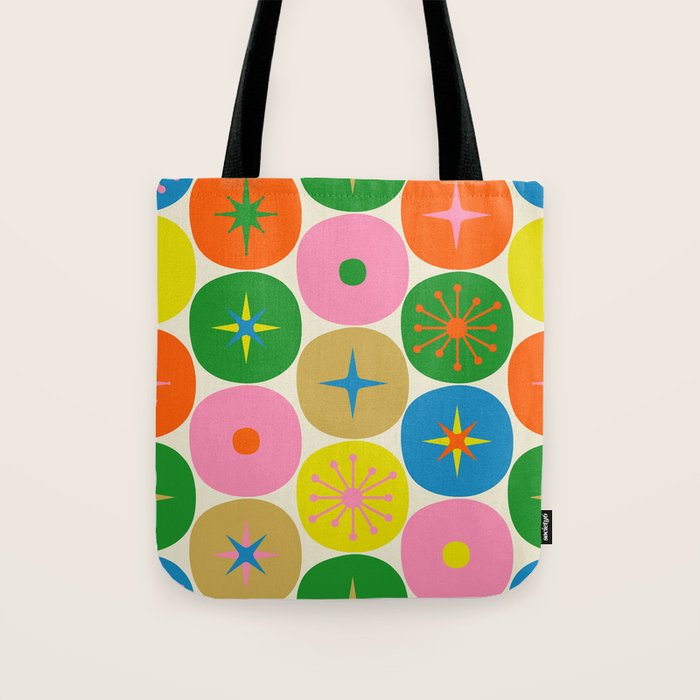 Mid Century Modern Atomic Future Colorful Dots and Stars Pattern Tote Bag Gallery Image 1