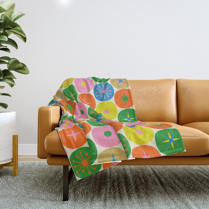 Mid Century Modern Atomic Future Colorful Dots and Stars Pattern Throw Blanket Gallery Image 1