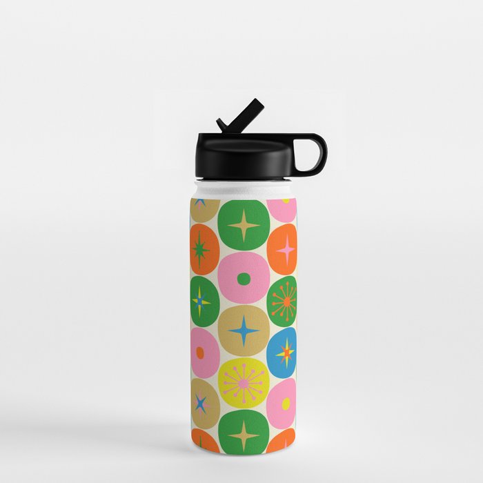 Mid Century Modern Atomic Future Colorful Dots and Stars Pattern Water Bottle Gallery Image 1