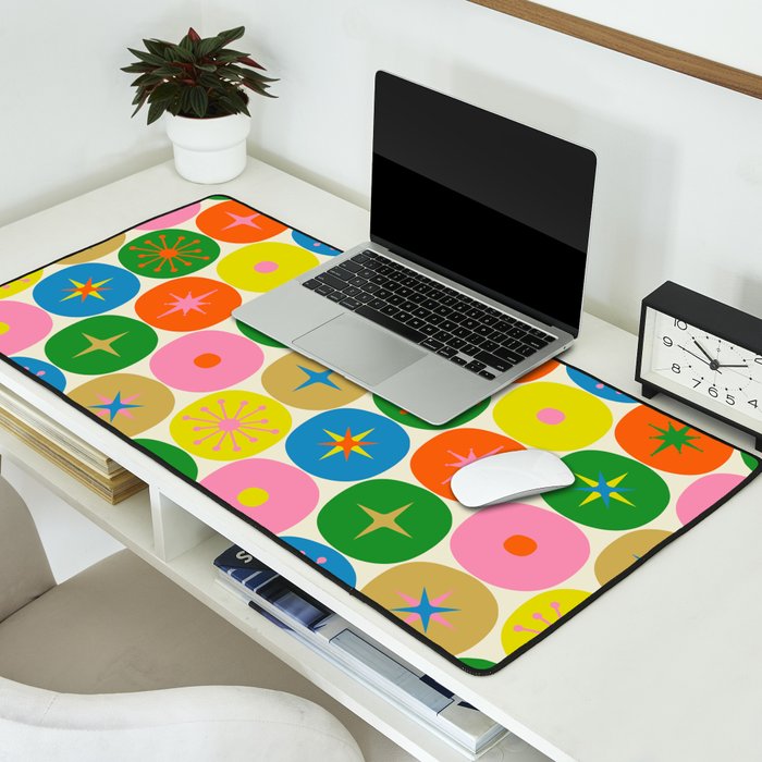 Mid Century Modern Atomic Future Colorful Dots and Stars Pattern Desk Mat Gallery Image 2