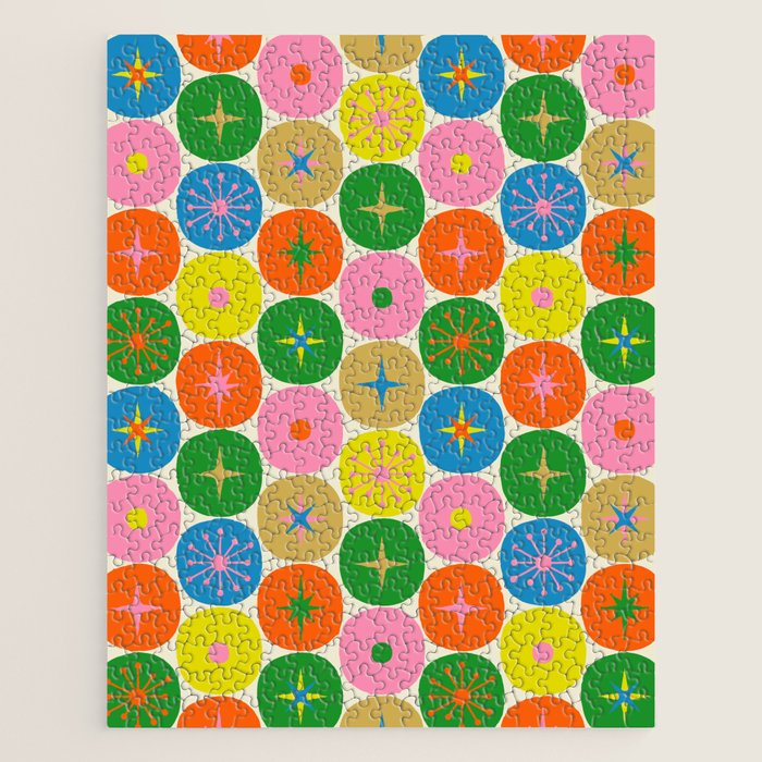 Mid Century Modern Atomic Future Colorful Dots and Stars Pattern Jigsaw Puzzle Gallery Image 1