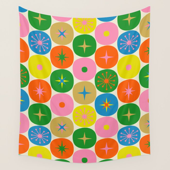 Mid Century Modern Atomic Future Colorful Dots and Stars Pattern Wall Tapestry Gallery Image 1