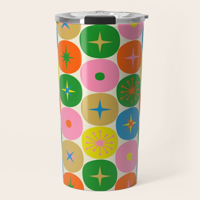 Mid Century Modern Atomic Future Colorful Dots and Stars Pattern Travel Mug Gallery Image 1