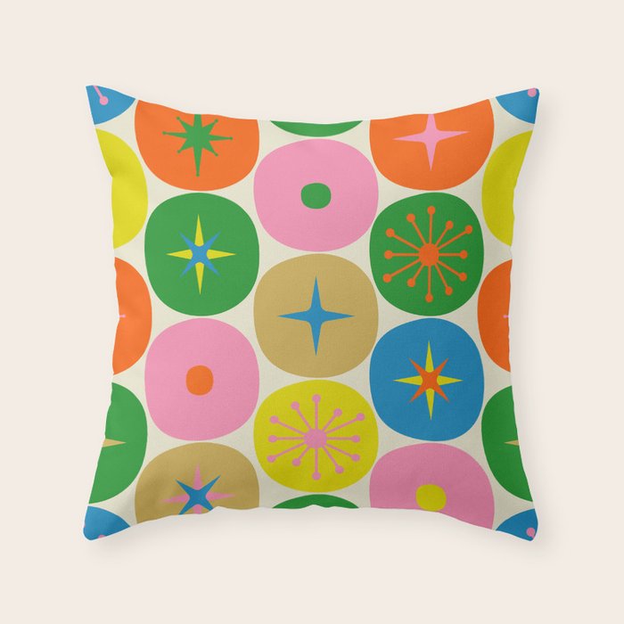 Mid Century Modern Atomic Future Colorful Dots and Stars Pattern Throw Pillow Gallery Image 1