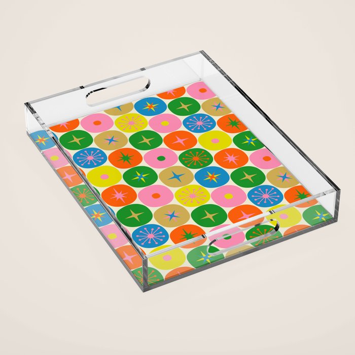 Mid Century Modern Atomic Future Colorful Dots and Stars Pattern Acrylic Tray Gallery Image 1