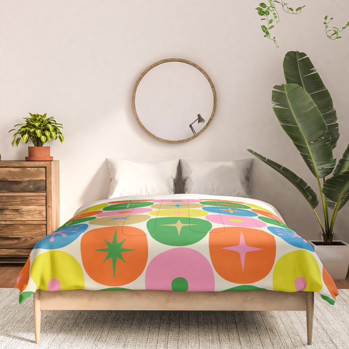 Mid Century Modern Atomic Future Colorful Dots and Stars Pattern Comforter Gallery Image 3