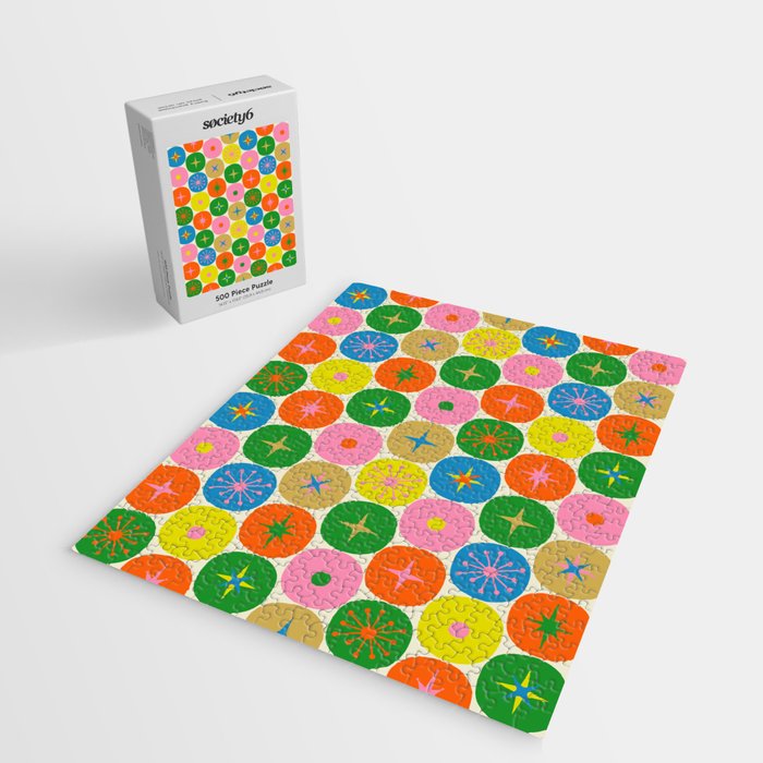 Mid Century Modern Atomic Future Colorful Dots and Stars Pattern Jigsaw Puzzle Gallery Image 2