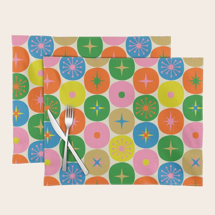 Mid Century Modern Atomic Future Colorful Dots and Stars Pattern Placemat Gallery Image 1