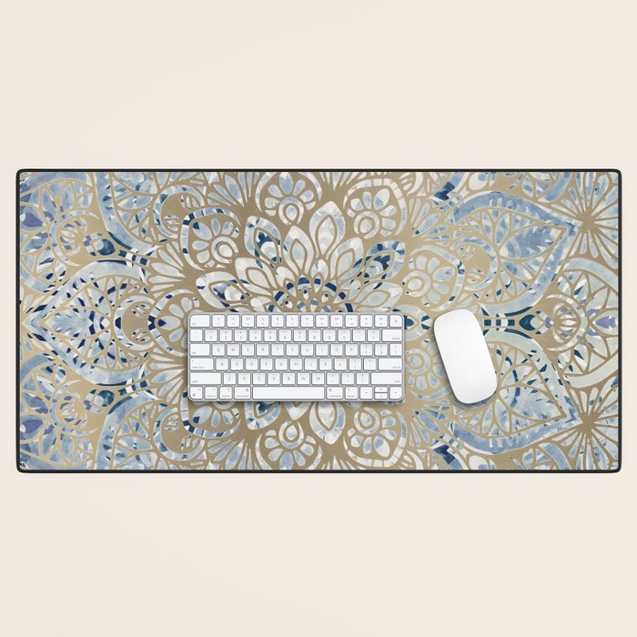 Yoga, Mandala, Blue and Gold Desk Mat Gallery Image 1