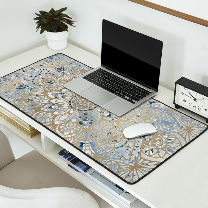 Yoga, Mandala, Blue and Gold Desk Mat Gallery Image 2