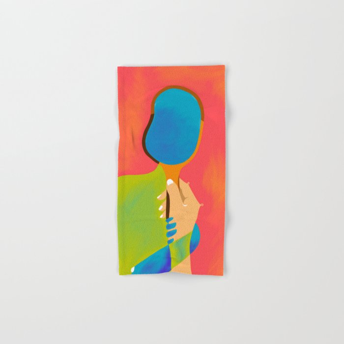 The One To Hold a Mirror Up To Me, Abstract Human Expression, Introspection Mindfulness Retrospection, Hand Body Maximalism Eclectic, Bohemian Contemporary Modern Painting Bath Towel Gallery Image 1