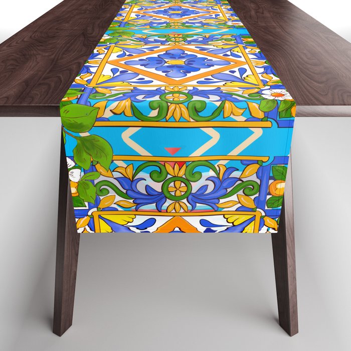 Summer ,Sicilian tiles ,citrus,lemons Mediterranean Pattern  Table Runner Gallery Image 1