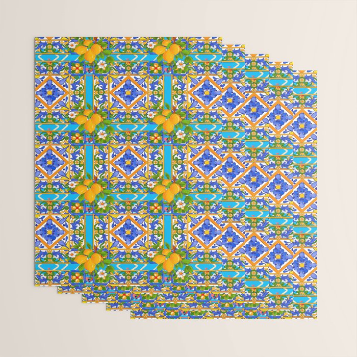 Summer ,Sicilian tiles ,citrus,lemons Mediterranean Pattern  Wrapping Paper Gallery Image 3