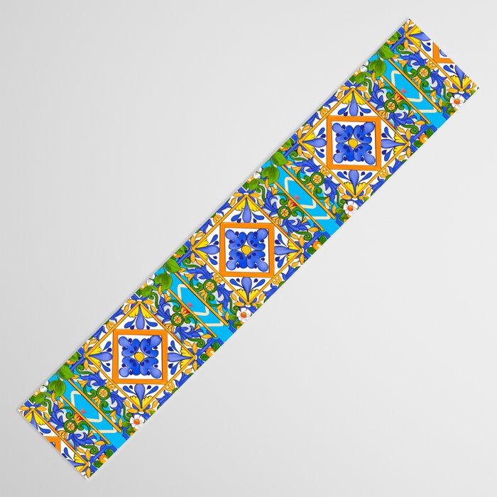 Summer ,Sicilian tiles ,citrus,lemons Mediterranean Pattern  Table Runner Gallery Image 3