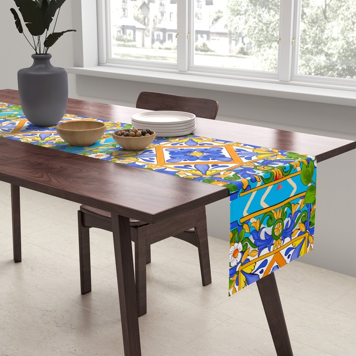 Summer ,Sicilian tiles ,citrus,lemons Mediterranean Pattern  Table Runner Gallery Image 2