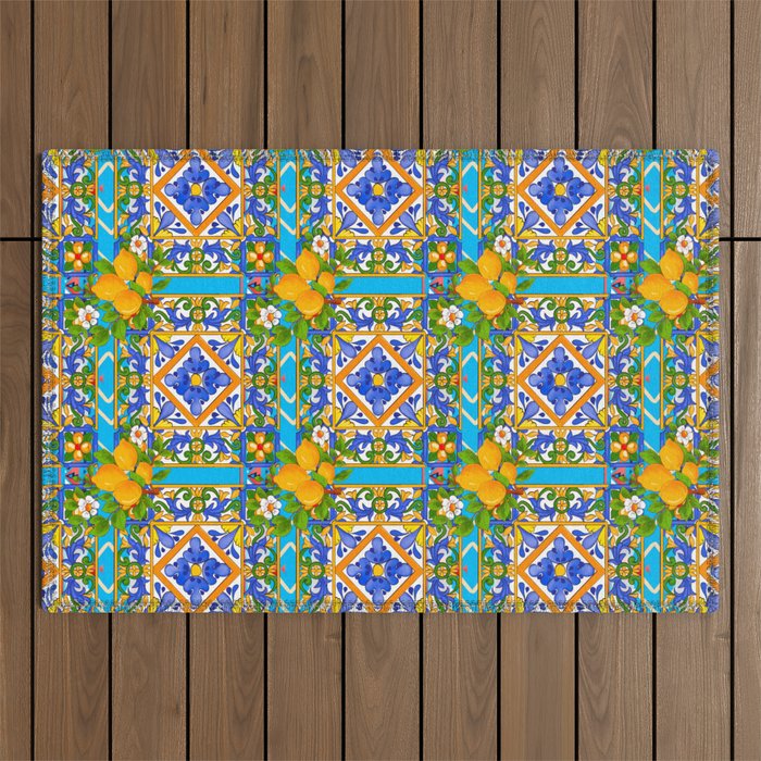 Summer ,Sicilian tiles ,citrus,lemons Mediterranean Pattern  Outdoor Rug Gallery Image 1