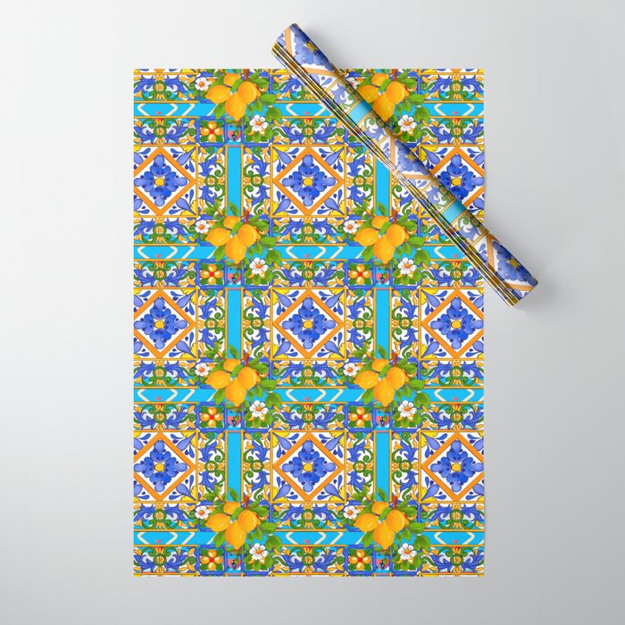 Summer ,Sicilian tiles ,citrus,lemons Mediterranean Pattern  Wrapping Paper