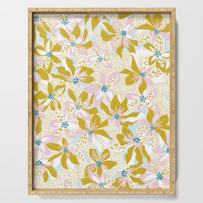 vibrant flowers pattern modern bouquet candy turquoise white summer tropics Serving Tray Gallery Image 1
