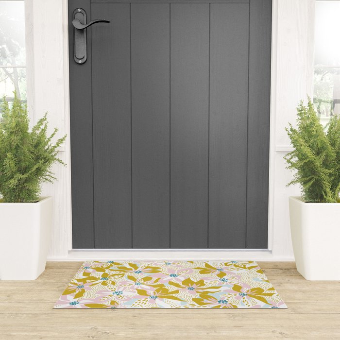 vibrant flowers pattern modern bouquet candy turquoise white summer tropics Welcome Mat Gallery Image 3