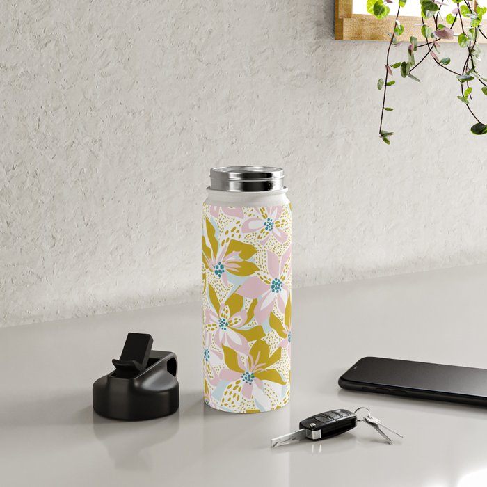 vibrant flowers pattern modern bouquet candy turquoise white summer tropics Water Bottle Gallery Image 4
