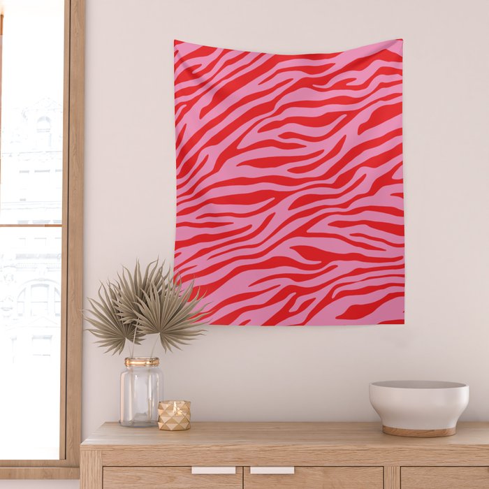 Pink On Red Zebra Animal Print Wall Tapestry Gallery Image 2