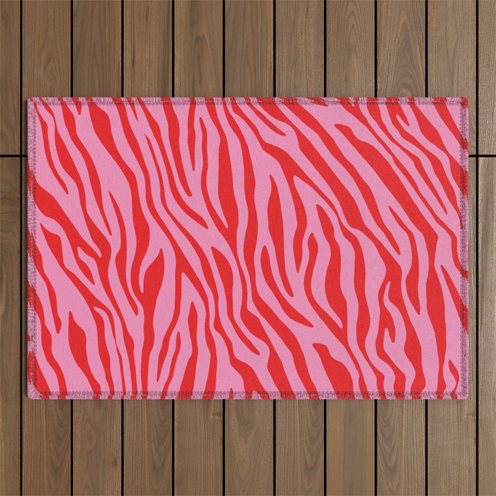 Pink On Red Zebra Animal Print Outdoor Rug Gallery Image 1