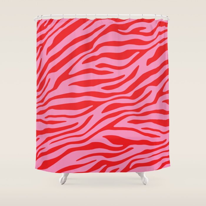 Pink On Red Zebra Animal Print Shower Curtain Gallery Image 1