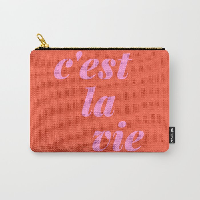 C'est La Vie French Language Saying in Bright Pink and Orange Carry All Pouch Gallery Image 1