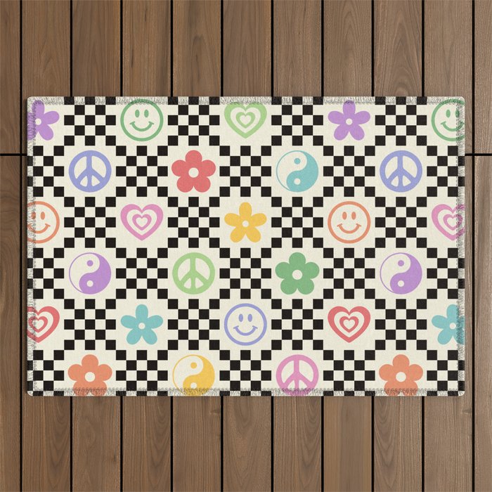 Retro Colorful Nostalgia Double Checker Outdoor Rug Gallery Image 1