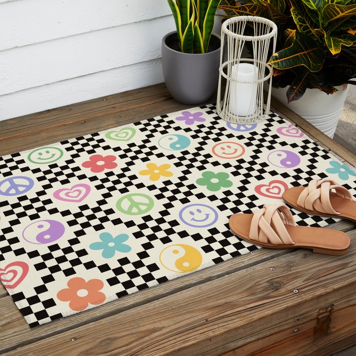 Retro Colorful Nostalgia Double Checker Outdoor Rug Gallery Image 2