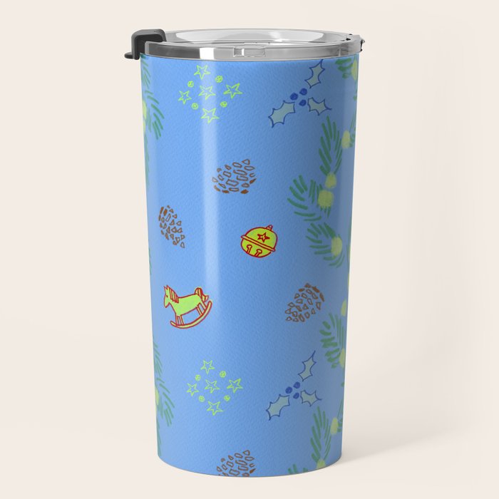 Whimsical Tiny Toys & Pine Branches in Blue Travel Mug Gallery Image 3