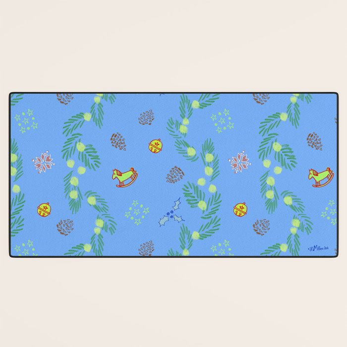 Whimsical Tiny Toys & Pine Branches in Blue Desk Mat Gallery Image 3