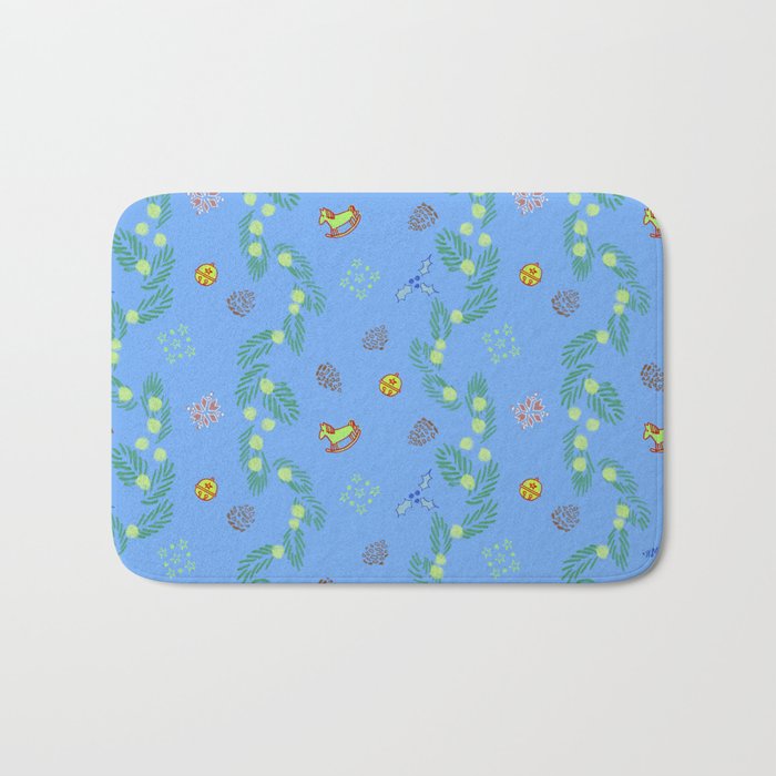 Whimsical Tiny Toys & Pine Branches in Blue Bath Mat Gallery Image 1