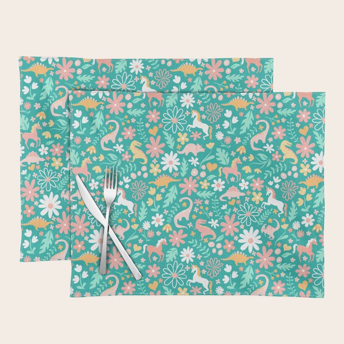 Dinosaurs + Unicorns on Teal Placemat Gallery Image 1