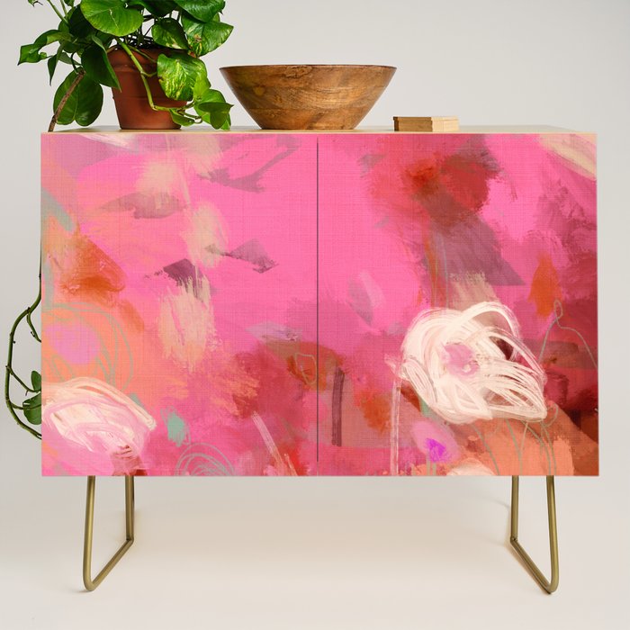 pink floral illusion abstract art Credenza Gallery Image 1