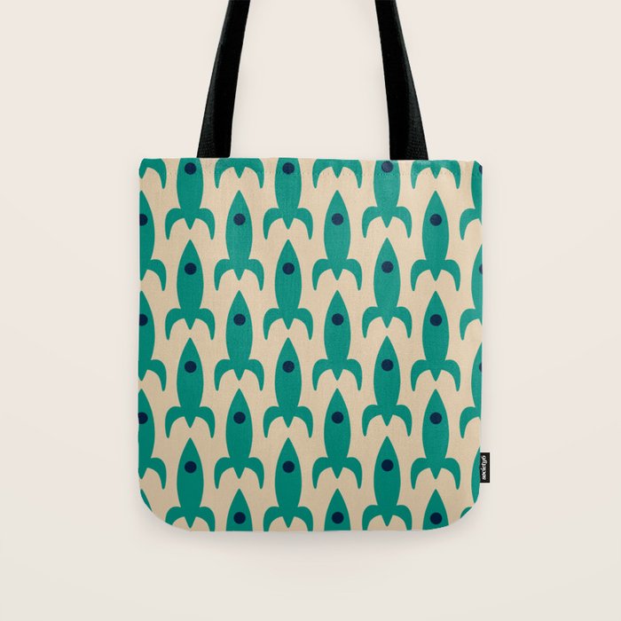 Space Age Rocket Ships - Atomic Age Mid-Century Modern Pattern in Teal and Mid Mod Beige Tote Bag Gallery Image 1