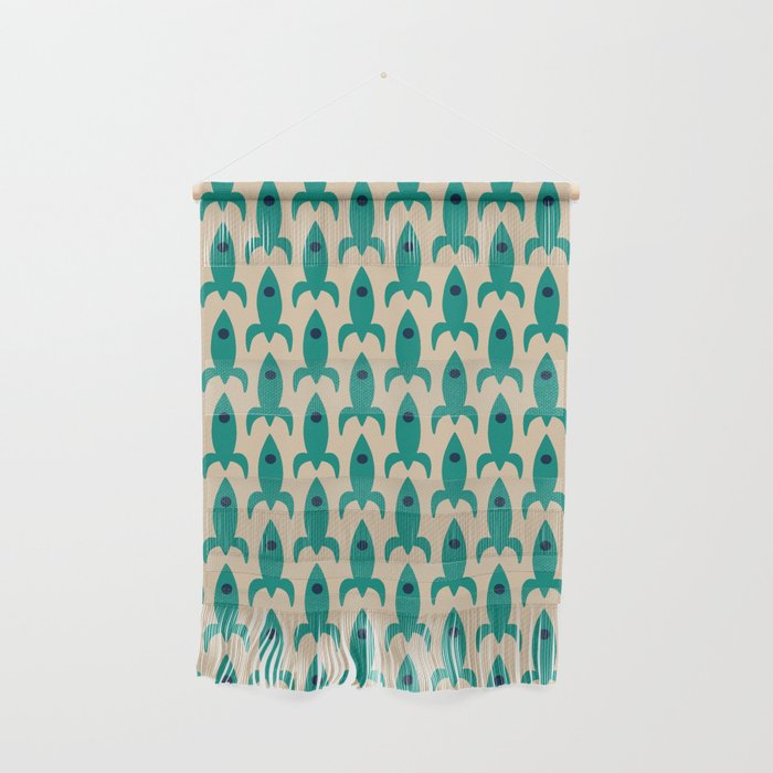 Space Age Rocket Ships - Atomic Age Mid-Century Modern Pattern in Teal and Mid Mod Beige Wall Hanging Gallery Image 1