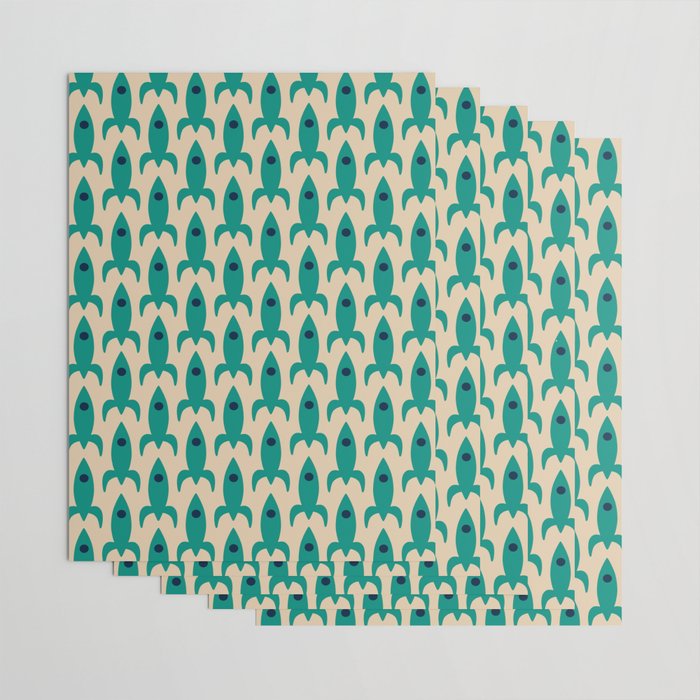 Space Age Rocket Ships - Atomic Age Mid-Century Modern Pattern in Teal and Mid Mod Beige Wrapping Paper Gallery Image 3