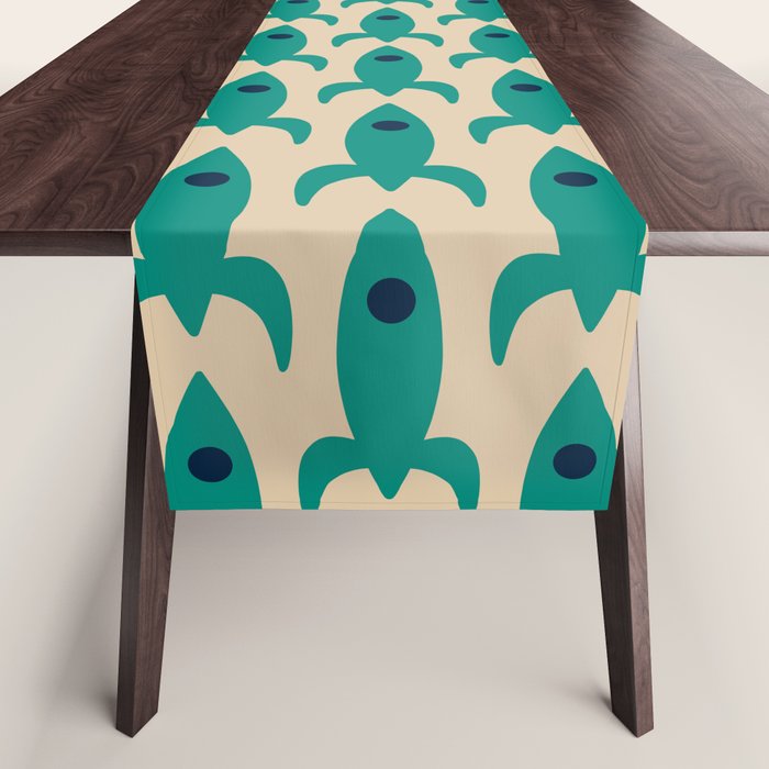 Space Age Rocket Ships - Atomic Age Mid-Century Modern Pattern in Teal and Mid Mod Beige Table Runner Gallery Image 1