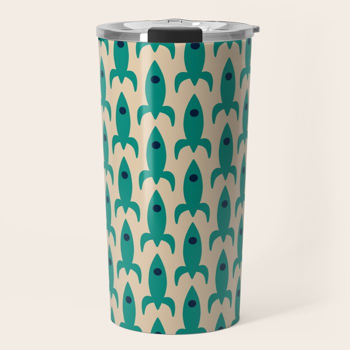 Space Age Rocket Ships - Atomic Age Mid-Century Modern Pattern in Teal and Mid Mod Beige Travel Mug Gallery Image 1