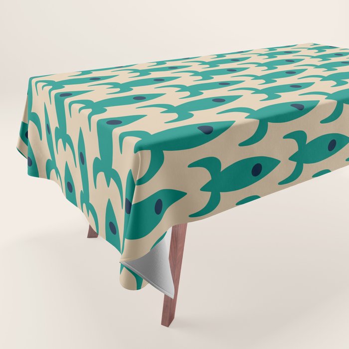 Space Age Rocket Ships - Atomic Age Mid-Century Modern Pattern in Teal and Mid Mod Beige Tablecloth Gallery Image 1