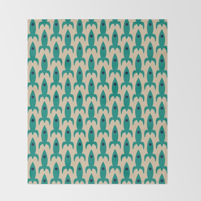 Space Age Rocket Ships - Atomic Age Mid-Century Modern Pattern in Teal and Mid Mod Beige Throw Blanket Gallery Image 2
