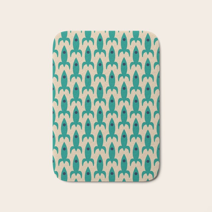 Space Age Rocket Ships - Atomic Age Mid-Century Modern Pattern in Teal and Mid Mod Beige Bath Mat Gallery Image 1
