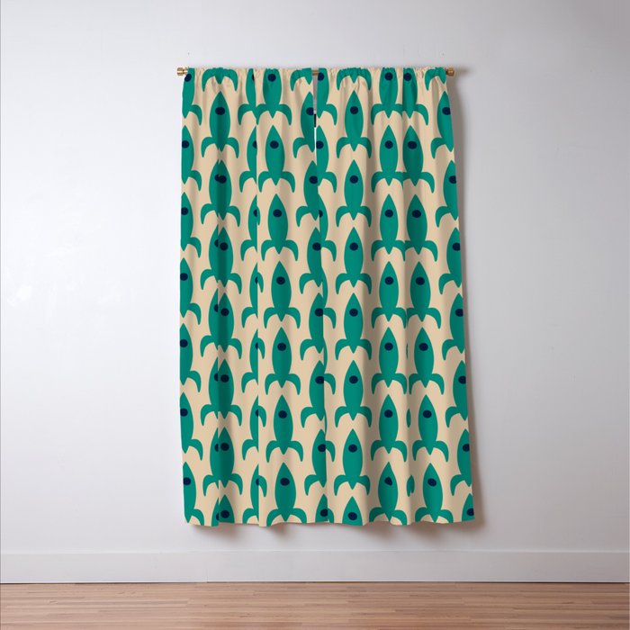 Space Age Rocket Ships - Atomic Age Mid-Century Modern Pattern in Teal and Mid Mod Beige Window Curtain Gallery Image 3